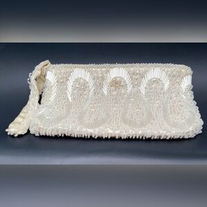 Women’s Purse Bag Wristlet Cream Beaded Party Wedding Formal